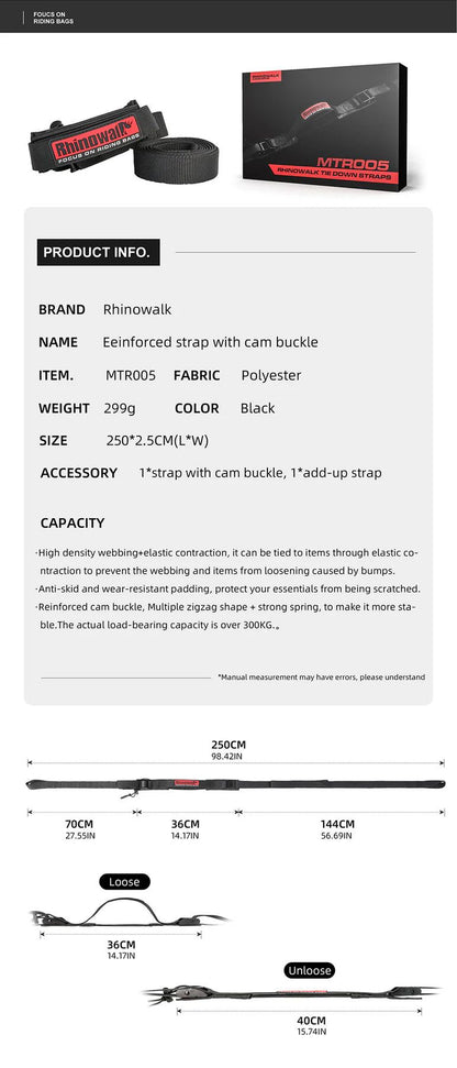 Rhinowalk Motorcycle Luggage Strap 2.5M Buckle Tie-Down Belt Cargo Straps for Motor Car Bike Reinforced Strap With Cam Buckle (MTR005)