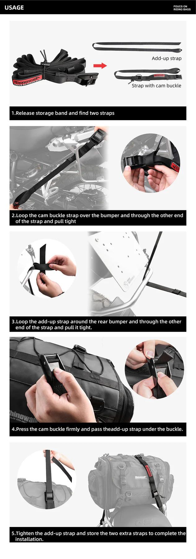 Rhinowalk Motorcycle Luggage Strap 2.5M Buckle Tie-Down Belt Cargo Straps for Motor Car Bike Reinforced Strap With Cam Buckle (MTR005)