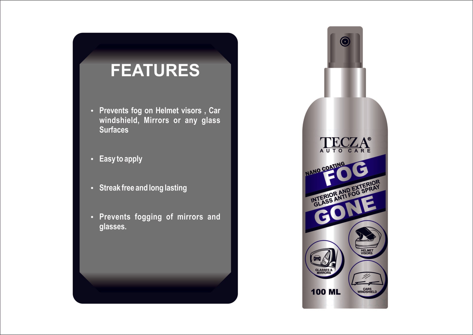 Fog Gone Anti Fog Spray for Helmet Visor, Mirror, Glass -  100ML - Tecza - Riders Junction