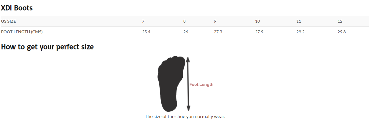 XDI Boots Size Chart
