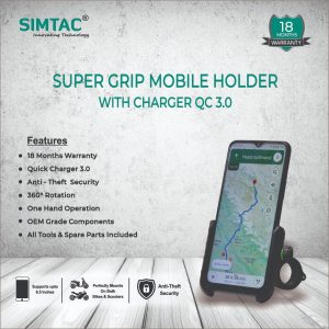 SIMTAC Super Grip Black Mobile Holder with charger (QC 3.0) Bikes/Scooters